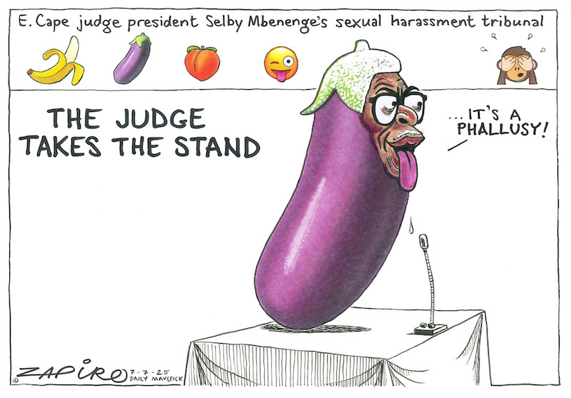 zapiro's tweet image. Zapiro cartoon published on @dailymaverick (7 July 2025) on Up for it #judgepresidentSelbyMbenenge- zapiro.com/250707dm