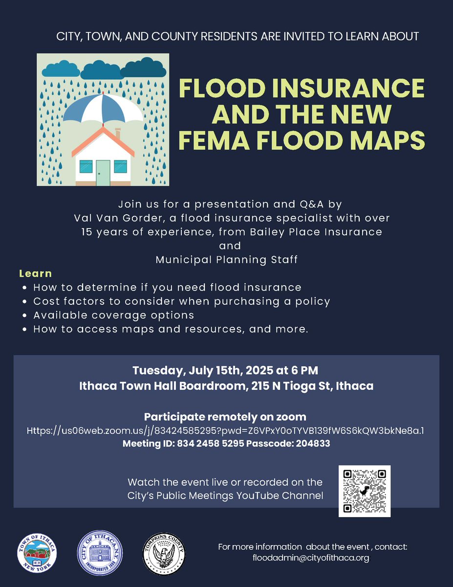 The City of Ithaca, Town of Ithaca, &amp; Tompkins County, invites residents to a public information session on Tues 7/15,  6pm, Ithaca Town Hall, to learn about the impacts of FEMAs updated flood maps and the importance of flood insurance coverage.
More info: cityofithaca.org/CivicAlerts.as…