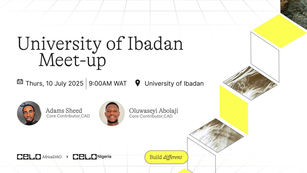 adamsheed93's tweet image. University of Ibadan, are you ready?
Join the Celo Campus Connect happening on July 10, 2025!
๐ Learn DeFi, Web3 & MiniPay
๐ Swags
๐ค Connect with builders & leaders
๐ Register: docs.google.com/forms/d/1Aw2nYโฆ