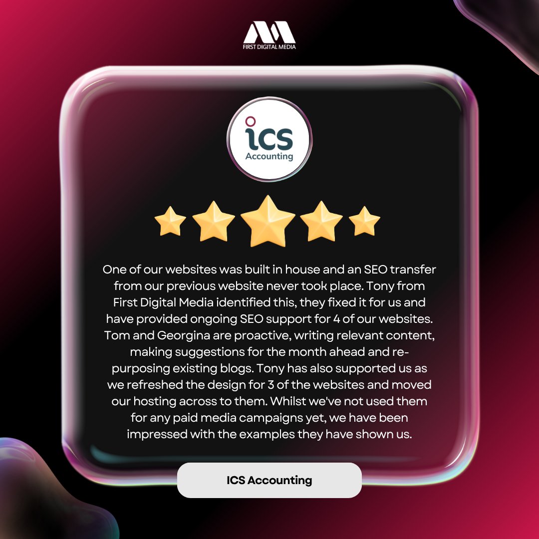Client Review ⭐

We are incredibly proud of the work and results we have carried out for ICS Accounting. A special mention to Tony, our Business Development Manager, and Georgina and Tom from our SEO team for their fantastic work! 🤝🏽

#Testimonial #Review