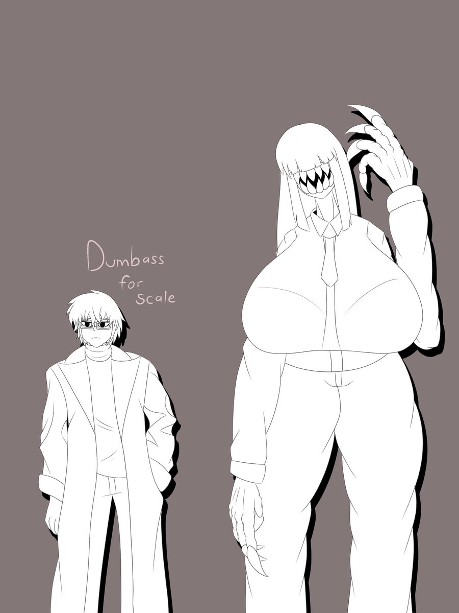 Drew my monster girl again, this time with a dumbass for scale. I'll color this in later