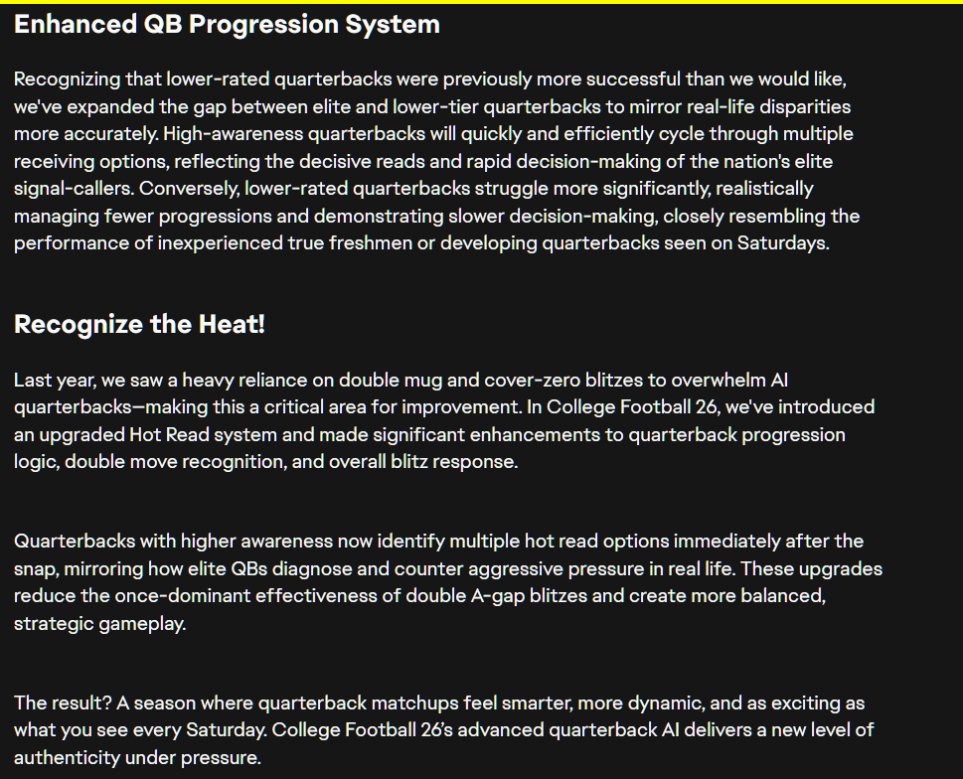 Love AI QB movement,Hate AI Robo QB i'm seeing from decision making. from what I can tell the tuning for the progression timers are WAY to generous &amp; changes made to throw to checkdown/force pass score thresholds made all QBs end up with 75%+ comp games too often <a href="/ScottOGallagher/">Scott O'Gallagher</a>