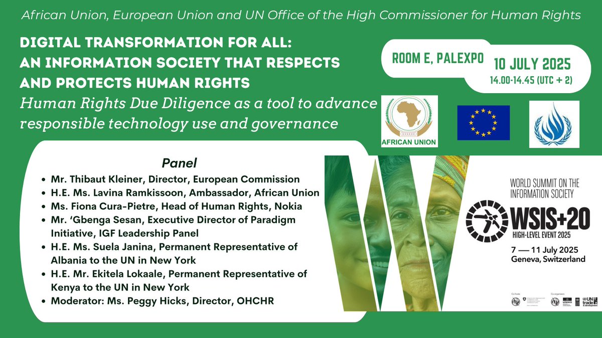 🇪🇺EU at UN-NY (@euatun) on Twitter photo Join us at the #WSIS Forum in 🇨🇭Geneva to discuss how human rights due diligence can help advance an inclusive digital transformation <a href="/WSISprocess/">World Summit on the Information Society (WSIS)</a>
🗓10 July, 14h-14h45 CET
📍Room E, Palexpo, Geneva
Register➡️bit.ly/4lbdpTm
Remote participation possible. Join us at the #WSIS Forum in 🇨🇭Geneva to discuss how human rights due diligence can help advance an inclusive digital transformation <a href="/WSISprocess/">World Summit on the Information Society (WSIS)</a>
🗓10 July, 14h-14h45 CET
📍Room E, Palexpo, Geneva
Register➡️bit.ly/4lbdpTm
Remote participation possible.