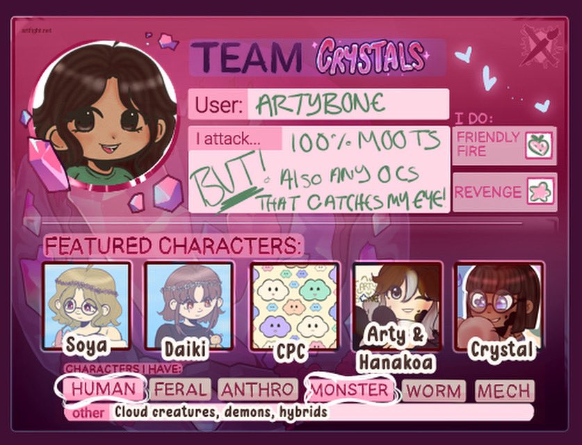 ArtyBone's tweet photo. I'm on #artfight and yes I know I we're a few days in already but I just forgot to post this on here 0^0

Anywho! Had to pick crystals for my ocs aaa! https://t.co/PDxcgWth5d