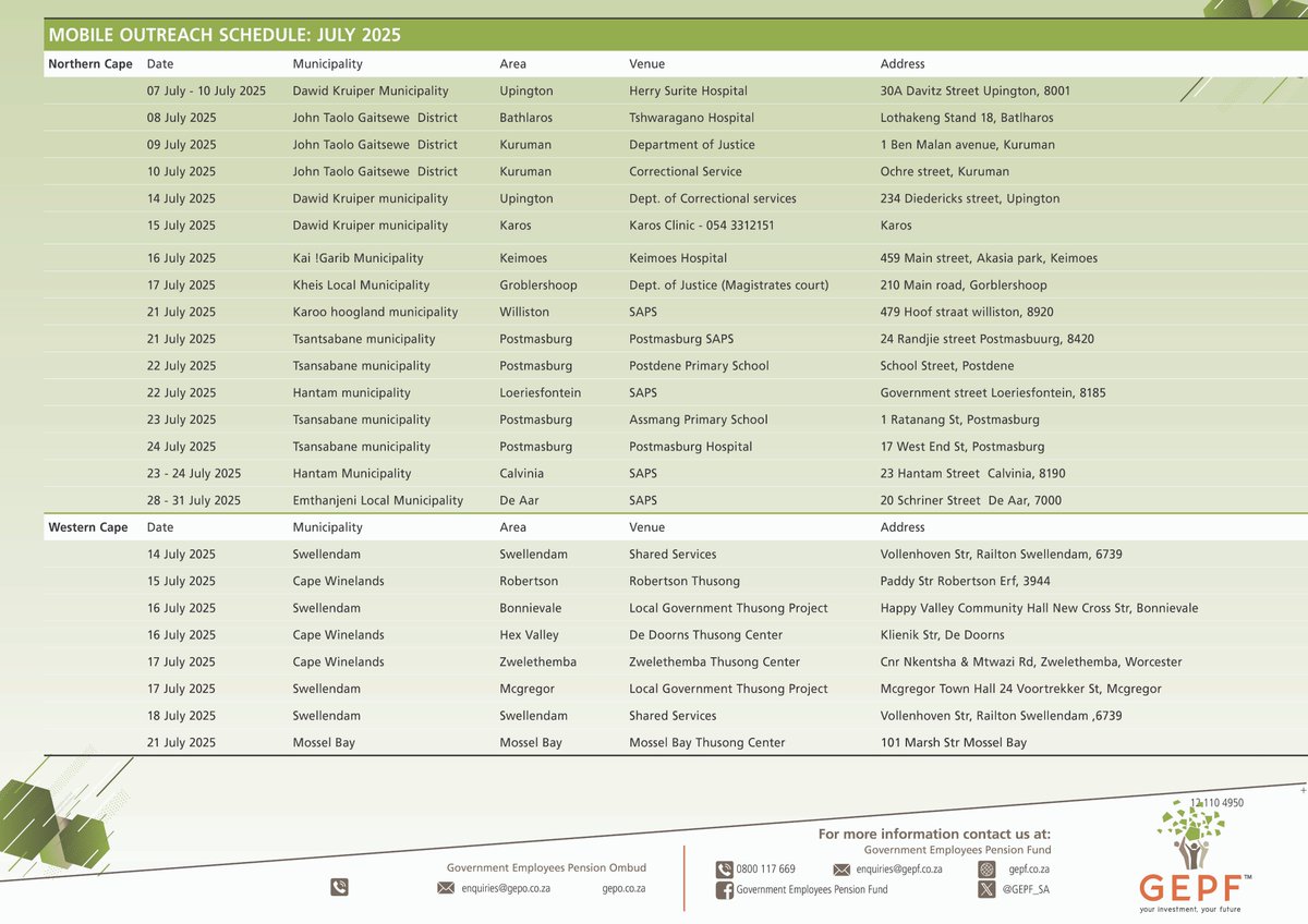 GEPF (@gepf_sa) on Twitter photo The GEPF mobile outreach service assists members, pensioners & beneficiaries with pension matters. Download the July schedule here, bit.ly/44wnjrr to see if the bus is coming to an area near you or click on the images and zoom in to view. #YourInvestmentYourFuture The GEPF mobile outreach service assists members, pensioners & beneficiaries with pension matters. Download the July schedule here, bit.ly/44wnjrr to see if the bus is coming to an area near you or click on the images and zoom in to view. #YourInvestmentYourFuture