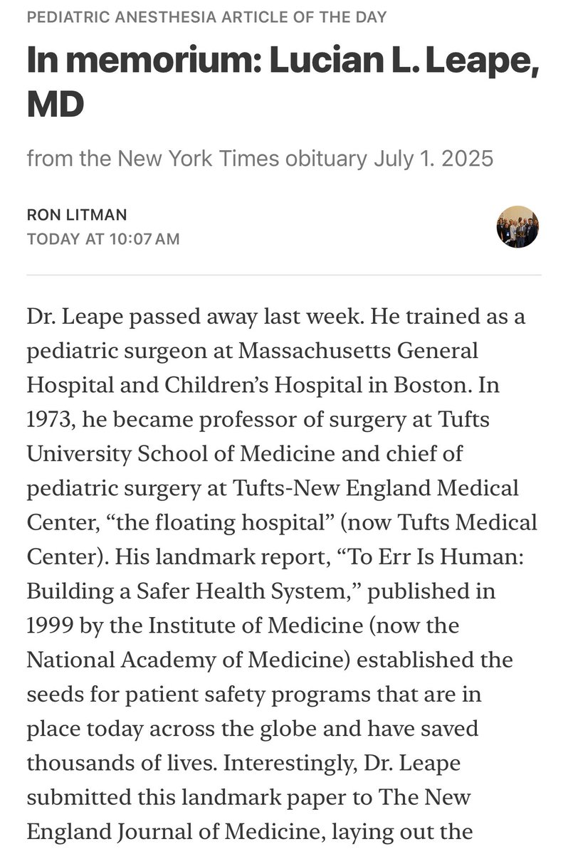 Pediatric Anesthesia Article of the Day 

In memorium: Lucian L. Leape, MD

From the New York Times obituary July 1. 2025

open.substack.com/pub/ronlitman/…

#PedsAnes #PedsPain #PedsCardsAnes #PedsICU #MedEd #PAAD