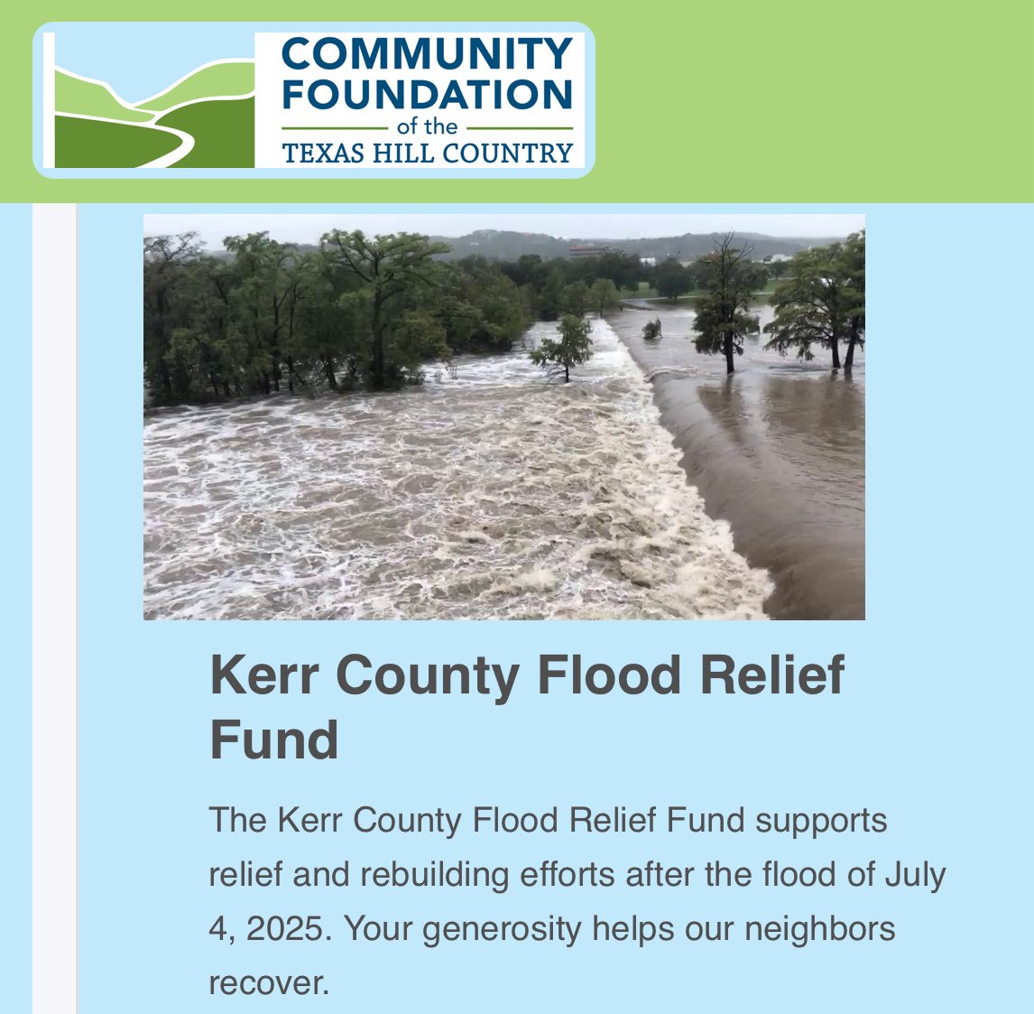 Joaquin Castro (@castro4congress) on Twitter photo We must do everything in our power to support the countless families impacted by the floods in Texasâs Hill Country.
If youâre in a position to help, the local Community Foundation is directing donations to vetted orgs doing rescue and recovery.
DONATE: cftexashillcountry.fcsuite.com/erp/donate/cre⊠We must do everything in our power to support the countless families impacted by the floods in Texasâs Hill Country.
If youâre in a position to help, the local Community Foundation is directing donations to vetted orgs doing rescue and recovery.
DONATE: cftexashillcountry.fcsuite.com/erp/donate/creâŠ