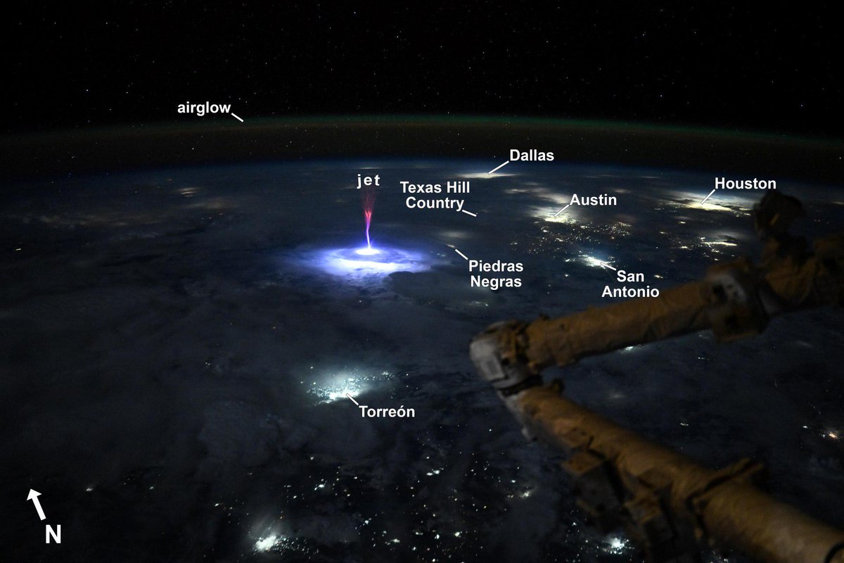 NASA Astronaut shares more information about last week's GIGANTIC JET
This is a GIGANTIC JET, another type of TLE, not sprites.

In this photo, the storm appears to be hovering near the Texas–Mexico border. You can spot the glow of Dallas, Austin, San Antonio, and Houston to the