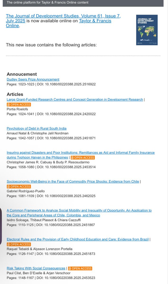 JDevStudies's tweet image. 📢 Our 7th [July] issue of 2025 is up!  

✨Featuring  8⃣ articles &amp;amp; 3⃣ book reviews on climate , development research, finance, economics, social development, education &amp;amp; more!

👉Check it out: tandfonline.com/toc/fjds20/cur…

🇮🇳🇵🇭🇨🇱🇧🇷🇳🇬