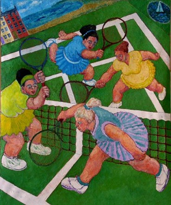 GivingtoGeorges's tweet image. The Wimbledon Championships 2025 are in full swing! 🎾 This season of tennis reminded us of this artwork from St George's Art and Heritage Collection.
Artwork: "Ladies Double" (Find the Ball), Andrew Aarons, oil paint on a linen canvas, 1993, 123 (H) x 99 (W) cm, SGHC0847.