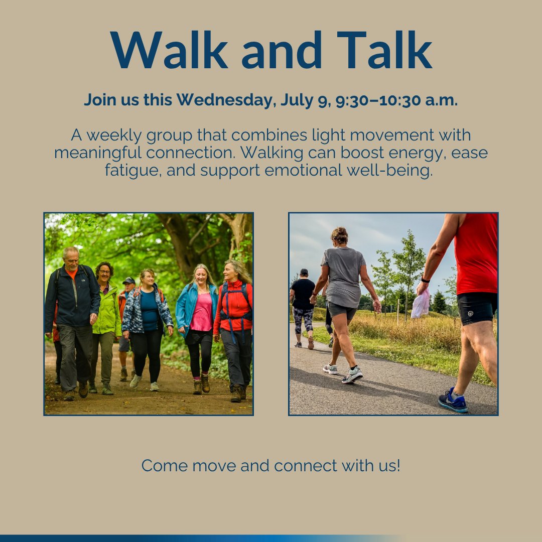 SaskCancer's tweet image. Walk. Talk. Breathe. Join our weekly Walk and Talk sessions every Wednesday from 9:30-10:30am. Come move and connect. 

#SKCancerAgency #OutdoorTherapy #SelfCare #MentalHealth