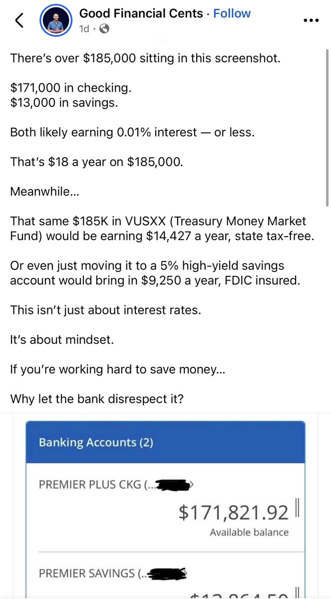 Let me start by saying I agree with the general idea of this post

You should be getting a yield on your dollars

But he’s super wrong here 

VUSXX has a 4-5% yield

Meaning on $185k you’d get around $7,500 or so but there’s no tax on it

The tax equivalent yield would be higher