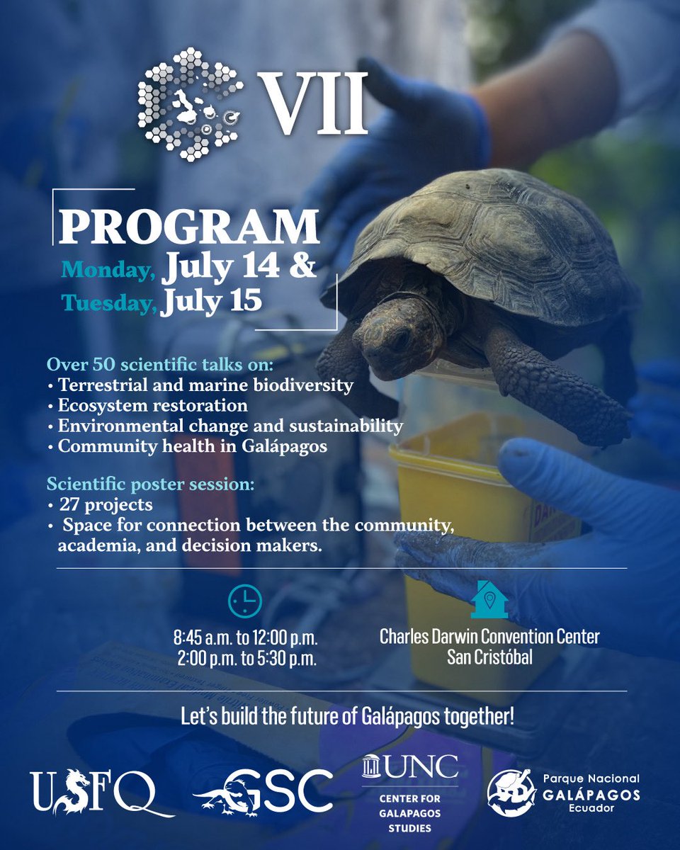 🔬✨ The official agenda for the 7th Galapagos Research and Conservation Symposium is here!

📍July 14–15, 2025
📌 Charles Darwin Convention Center 
🕗 Schedule:
• Morning: 8:45 a.m. – 12:00 p.m.
• Afternoon: 2:00 p.m. – 5:30 p.m.

The agenda: galapagosscience.org/wp-content/upl…
