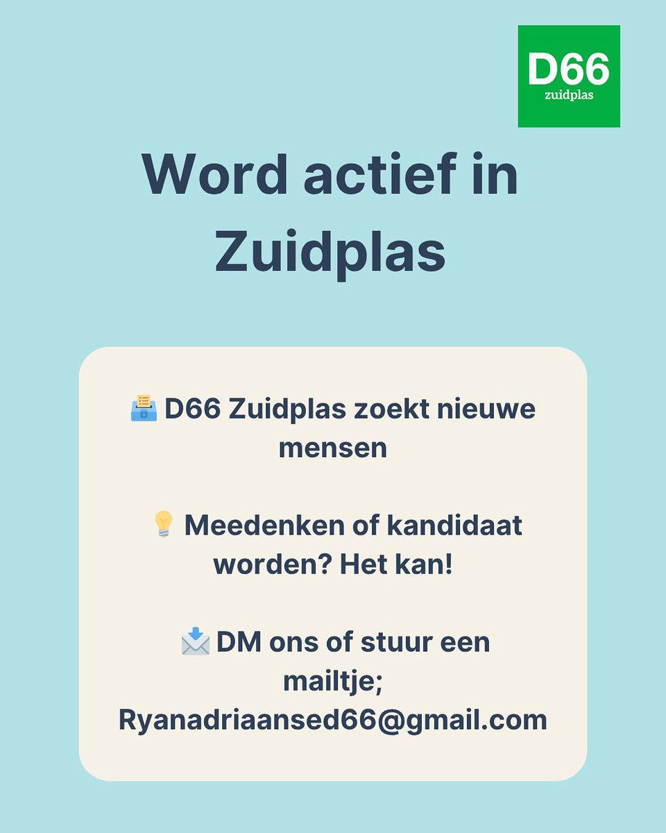 Wil jij Zuidplas in beweging brengen?
D66 zoekt mensen met ideeën, energie en hart voor de gemeente. Meedenken, campagne voeren of kandideren? Alles kan.

📩 DM of mail ryanadriaansed66@gmail.com

Samen maken we Zuidplas sterker. Doe je mee?