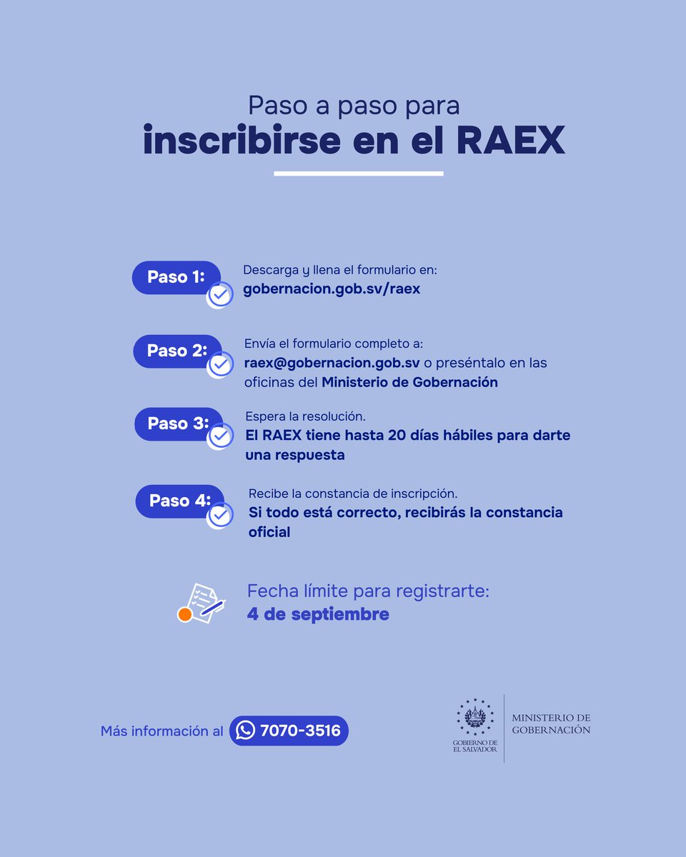 GobernacionSV's tweet photo. ¿Tu ONG recibe apoyo del exterior y aún no está inscrita en el RAEX?

Aquí te contamos cómo hacerlo y qué necesitas para iniciar el proceso.

📲 Más información al WhatsApp: 7070-3516
👉🏻Hazlo en: https://t.co/y8IolyJgkP

#RAEX #LeyDeAgentesExtranjeros https://t.co/OstnpHUOAc