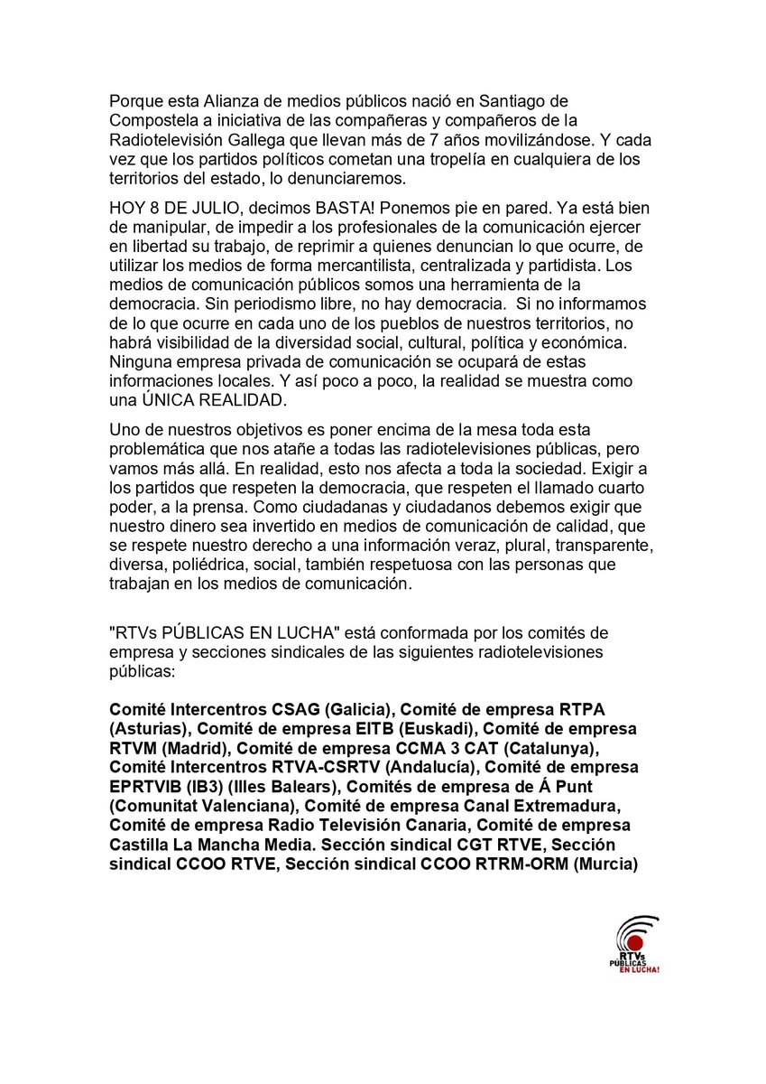 Lee aquí nuestro comunicado tras la elección de la nueva directora general de la CSAG sin consenso en el parlamento gallego (exclusivamente con los votos a favor del PP). 
El comunicado en todas las lenguas aquí: acortar.link/7hamAW  #RTVsPúblicasEnLucha
