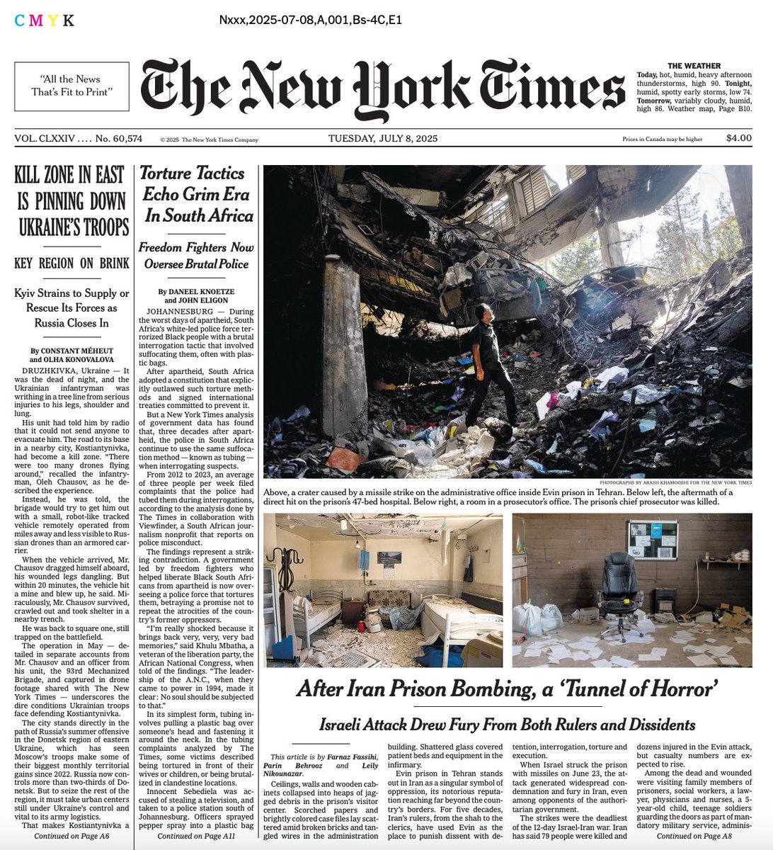 farnazfassihi's tweet image. Our investigation into Israel's strike on Evin on the front page. Photos @arash_khamooshi