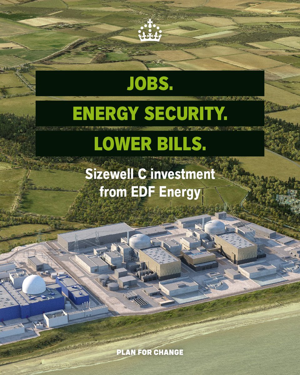 10DowningStreet's tweet image. Today’s investment from @EDFenergy in Sizewell C nuclear plant will create thousands of jobs, lower energy bills, and boost our energy security.
@Keir_Starmer's Plan for Change is delivering for British people.