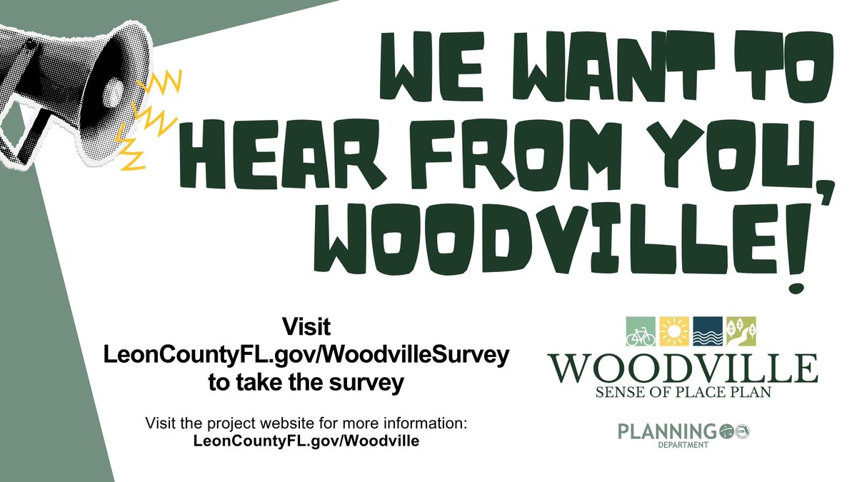 Woodville residents: Leon County is developing the Woodville Community Sense of Place Plan, and we want to hear from you. Share your ideas on how to strengthen the Woodville community.

Learn more and take the survey to provide your input at  LeonCountyFL.gov/WoodvilleSurvey.