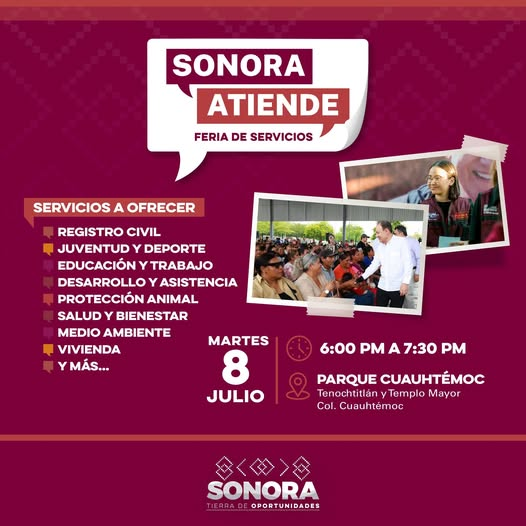 ¡Hoy hay Feria Sonora Atiende! donde podrás encontrar distintos servicios y trámites totalmente gratuitos para ti. ¡Te esperamos!   #TierraDeOPortunidades
