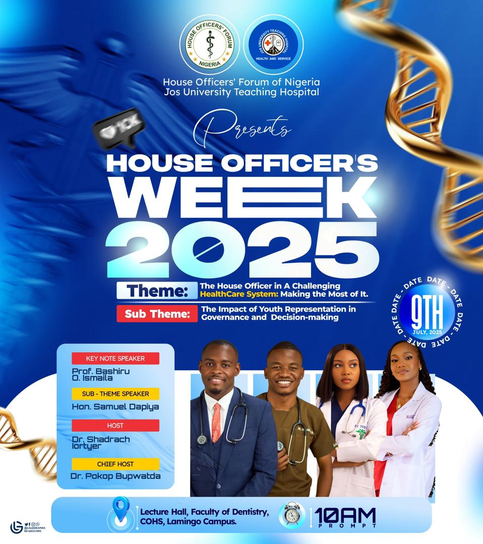 House Officers Week 2025 (HOW'25)🔔🔔🔔

Our dear House Officers are commencing the HOW'25 tomorrow with a Scientific Conference.
Date: Wednesday, 9th July, 2025
Time: 10AM
Venue: Lecture Hall, Faculty of Dentistry, COHS, Lamingo Campus 

Dr Justice Ohwojeheri
PRO, ARD JUTH