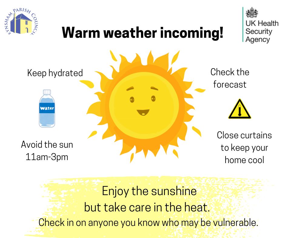 Eynsham Parish Council (@eynshampc) on Twitter photo With another heatwave heading our way, make sure you take of yourselves in the heat and enjoy the sunshine in moderation! Check in on anyone you know who may be vulnerable during this time. <a href="/UKHSA/">UK Health Security Agency</a> With another heatwave heading our way, make sure you take of yourselves in the heat and enjoy the sunshine in moderation! Check in on anyone you know who may be vulnerable during this time. <a href="/UKHSA/">UK Health Security Agency</a>