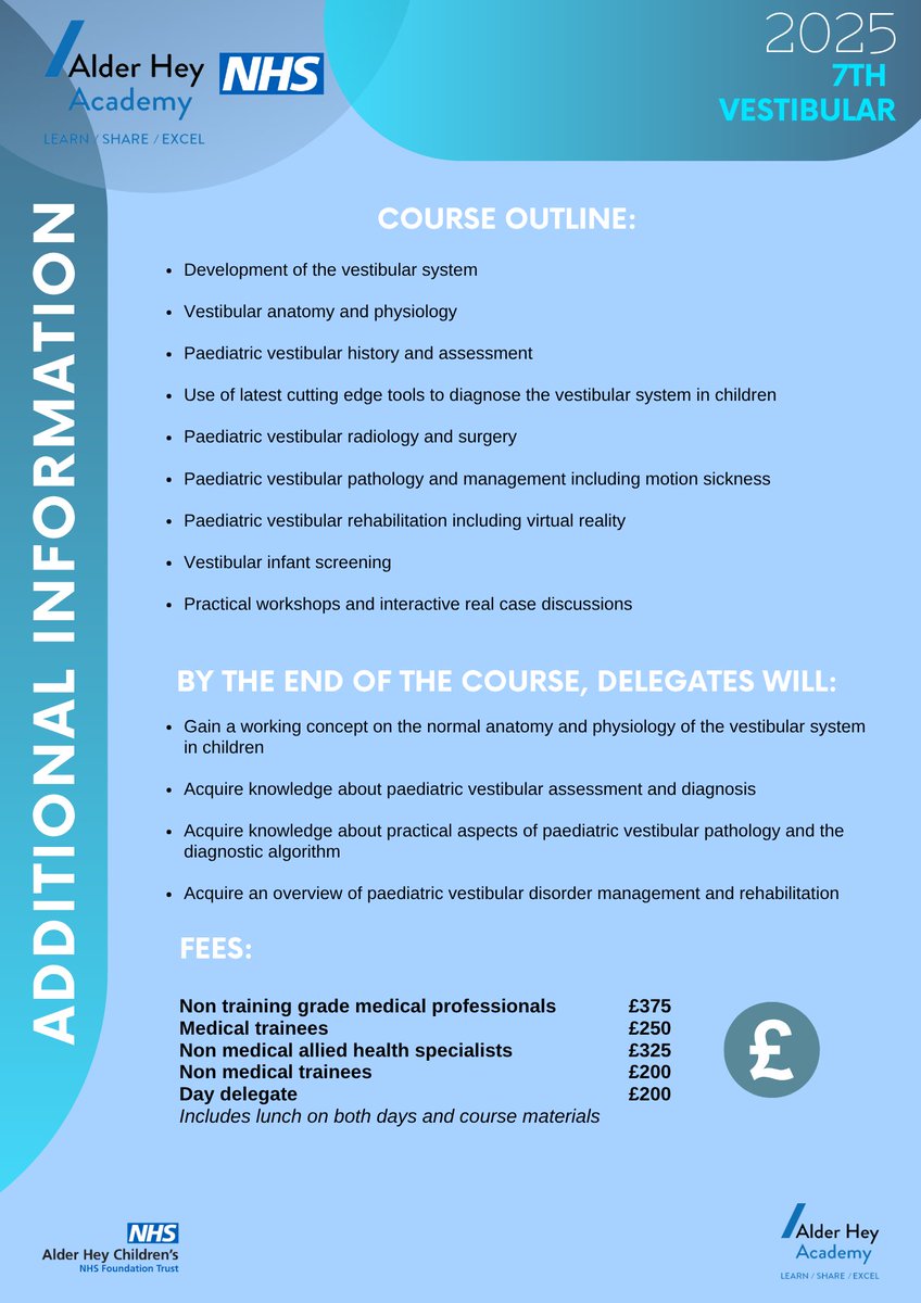 We are happy to announce that tickets are now live for our 7th Alder Hey Paediatric Vestibular Course👂🧠
 
This year's course takes place across 20th - 21st October and we would love to see you there!

Tickets are available at the following link: …PaediatricVestibular.eventbrite.co.uk