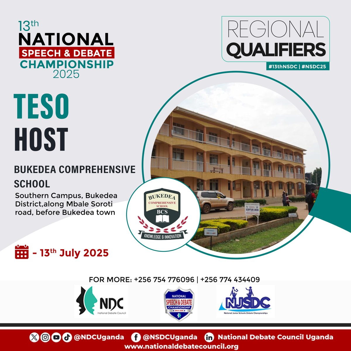 This Weekend on the #13thNSDC Regional Qualifier
📍TESO
🗓️ 13th July 2025
📌 Host: Bukedea Comprehensive School, Southern Campus

A showdown of minds from Bukedea, Soroti, Kaberamaido, Serere, Ngora, Kumi, Amuria, and Katakwi
#NSDC2025 | #DebateUG