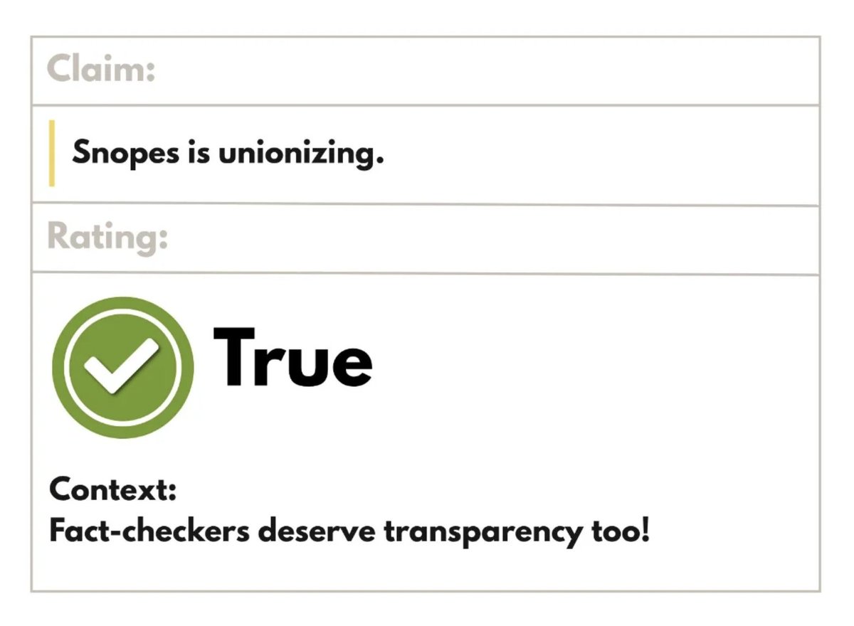 snopes_guild's tweet image. ✅ Yes, Snopes is unionizing. Fact-checkers deserve transparency too!