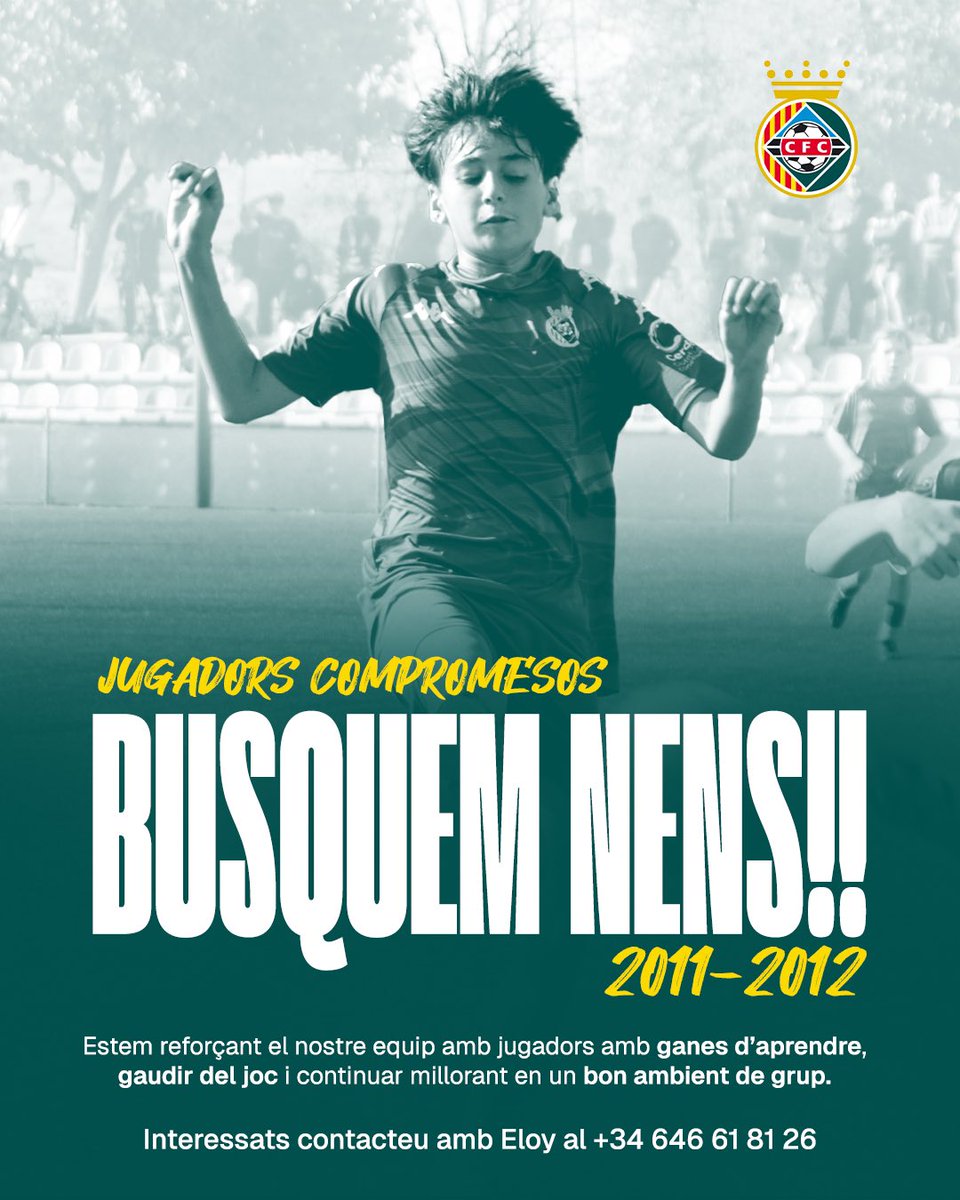 Vas néixer l’any 2011 o 2012 i t’apassiona el futbol? Aquesta pot ser la teva oportunitat! Estem reforçant el nostre equip amb jugadors compromesos, amb ganes d’apendre i gaudir del joc.

📞 Interessats contacteu amb Eloy al +34 646 61 81 26