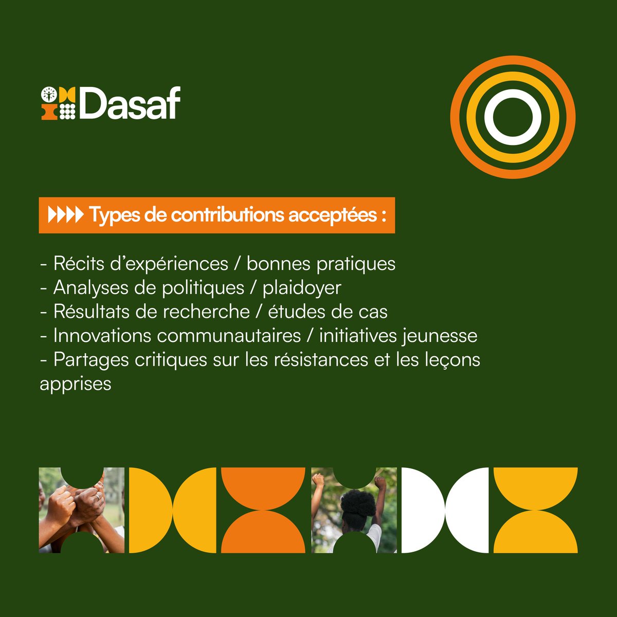 CentreOdas's tweet photo. Le #Dasaf2025 vous appelle ☎️

👉 Une cinquantaine de places entièrement prises en charge seront attribuées aux auteur·es des abstracts sélectionnés pour participer.

Rendez-vous sur la plateforme https://t.co/Mp01Fxy8oe pour plus d'informations, assistance ou soumission de votre abstract.

#Dasaf2025 #AutonomieCorporelle 
#MouvementODAS #DSSR #AutonomieCorporelle #AvortementSécurisé #AfriqueFrancophone