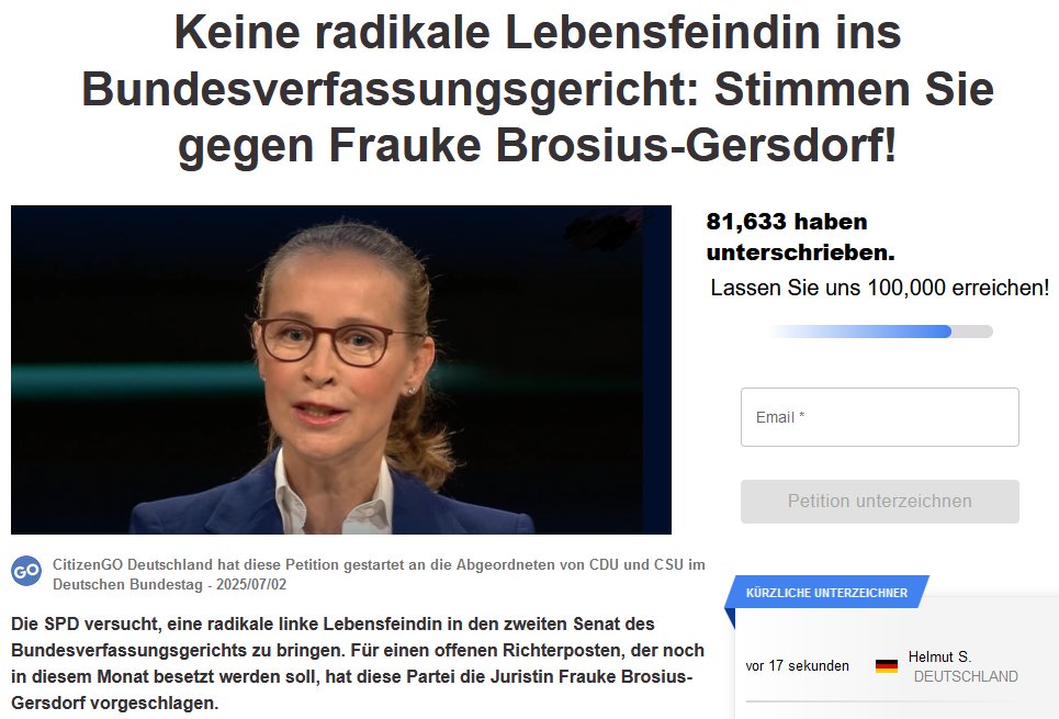 Es gibt eine Petition gegen die Ernennung der Linksaußen-Juristin Frauke #BrosiusGersdorf zur Verfassungsrichterin. Mit solchen Richtern wird das Bundesverfassungsgericht zum verlängerten Arm linksgrüner Ideologen, und niemand in diesem Land ist mehr vor ihnen sicher, wenn sie