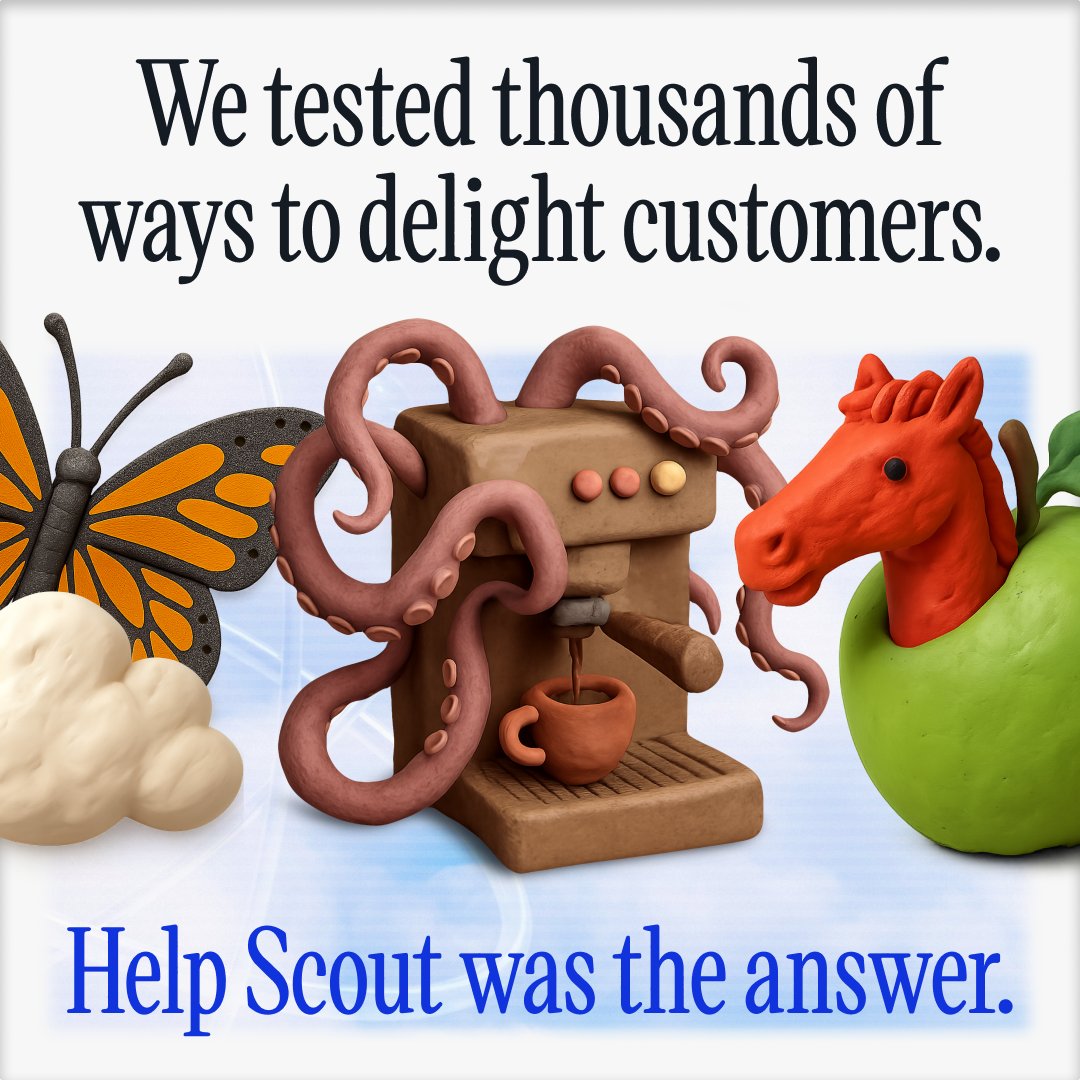 helpscout's tweet image. What happens when you mix customer support, a butterfly, and a horse exploding out of an apple?
We don't actually know. But we did figure out that the #1 proven* solution for customer happiness is Help Scout.
(*By a very real lab.)
#delightlabs #customersupport #helpscout