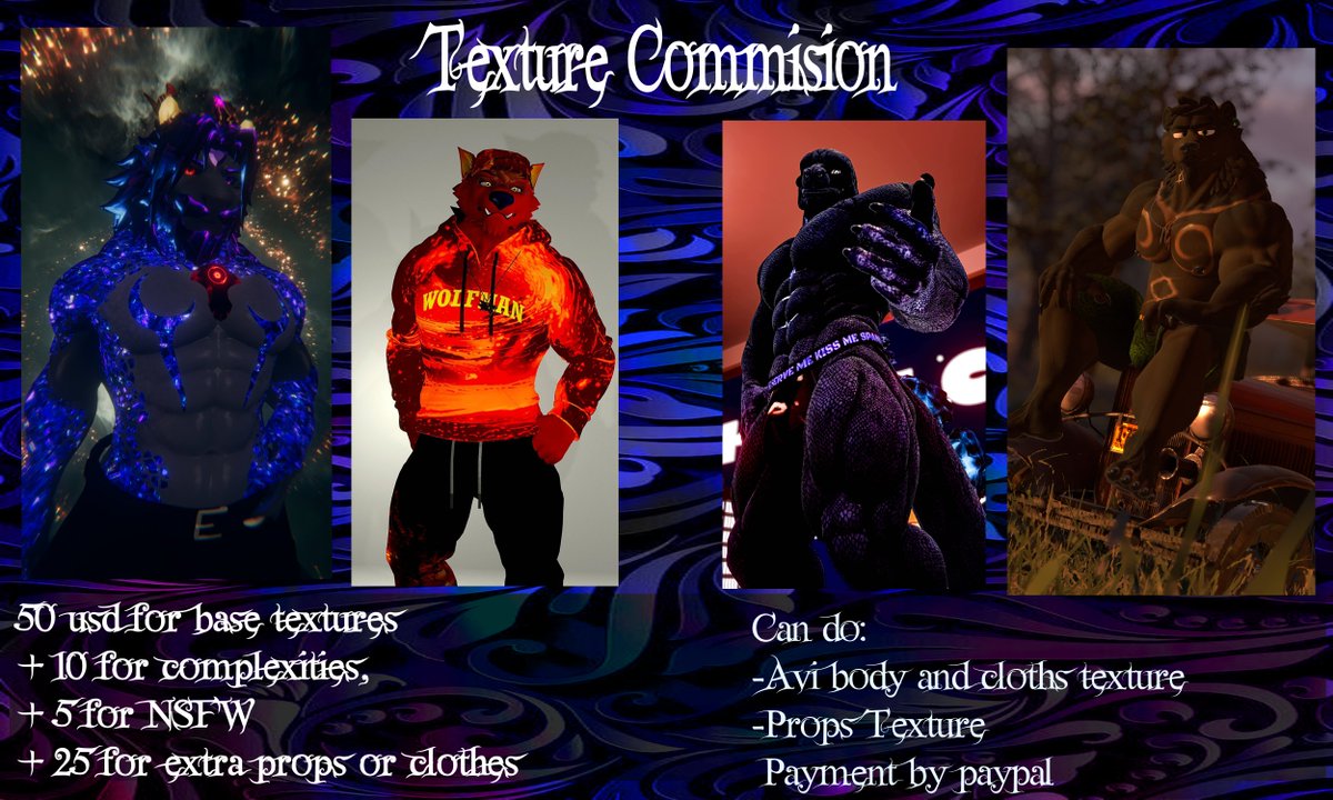 [COMMISION OPEN]

Hello everyone, i announce i open my commisions for Drawings and Avatar texture for VRC.
Ig You interrested feel free to DM me