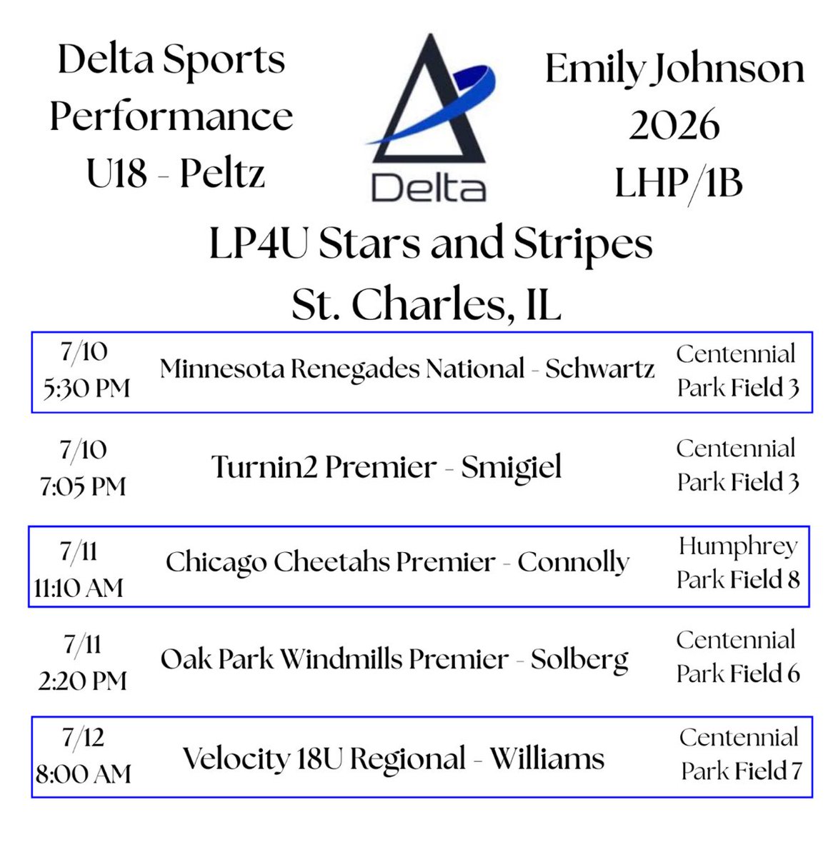 Emily Johnson (@e12johnson) on Twitter photo My schedule for this weekend with <a href="/FastpitchDelta/">Delta Sports Performance Softball</a> U18 Peltz at LP4U Stars and Stripes!! My schedule for this weekend with <a href="/FastpitchDelta/">Delta Sports Performance Softball</a> U18 Peltz at LP4U Stars and Stripes!!