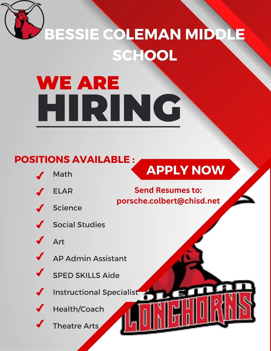 Dr. Colbert (@dr_p_colbert) on Twitter photo Share!!
I heard that Bessie Coleman in Cedar Hill just hired one of the most amazing principals ever!!! Spread the word! She’s looking for some teachers.
Send resumes to Porsche.colbert@chisd.net Share!!
I heard that Bessie Coleman in Cedar Hill just hired one of the most amazing principals ever!!! Spread the word! She’s looking for some teachers.
Send resumes to Porsche.colbert@chisd.net