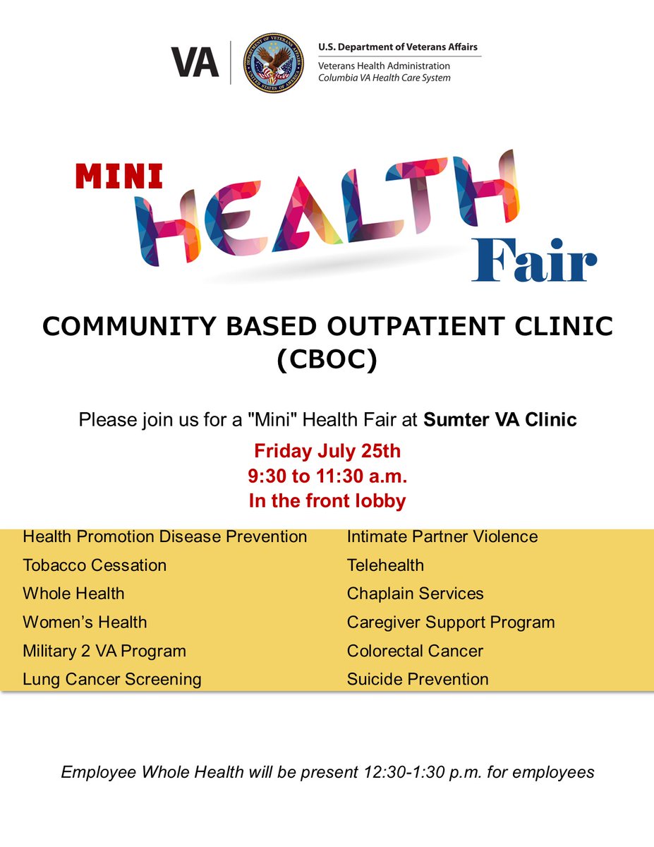 Free Mini Health Fair
🗓️ Fri Jul 25, 9:30–11:30 AM
📍 Sumter VA CBOC (245 N Bultman Dr)
Meet VA experts on wellness, screenings, telehealth &amp; more. Open to all veterans &amp; families. Free event!