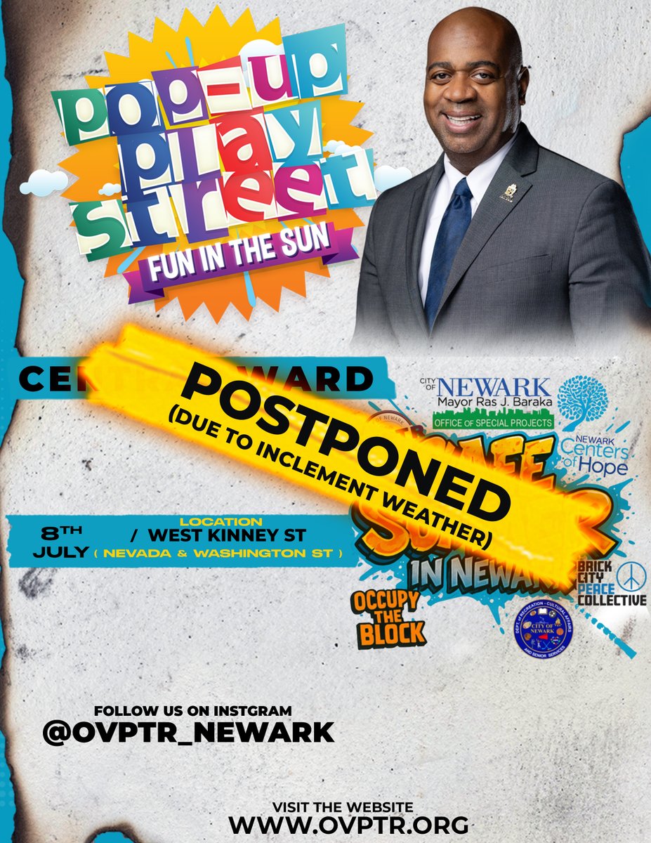 CityofNewarkNJ's tweet image. ❗ Pop-up Play Street Fun in the Sun event for today July 8th is POSTPONED due to inclement weather.☔ New date will be announced soon. ❗
#safesummer2025
@ovptr_newark
OVPTR.org