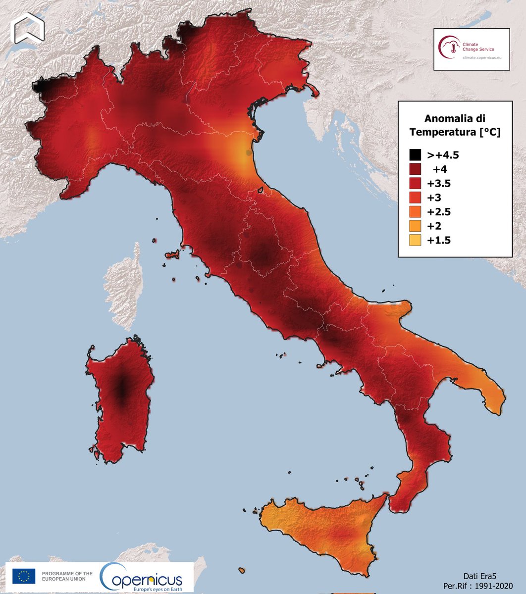 PlatformAdam's tweet image. Ops, it happened, again! The last month was one of the warmest June for #Italy. The average temperature was 3,22° C higher than the reference period, according to the #Copernivus #Climate Change Service, with a max value of +4.7 on the Alps.
Giugno torrido in #Italia, da record.