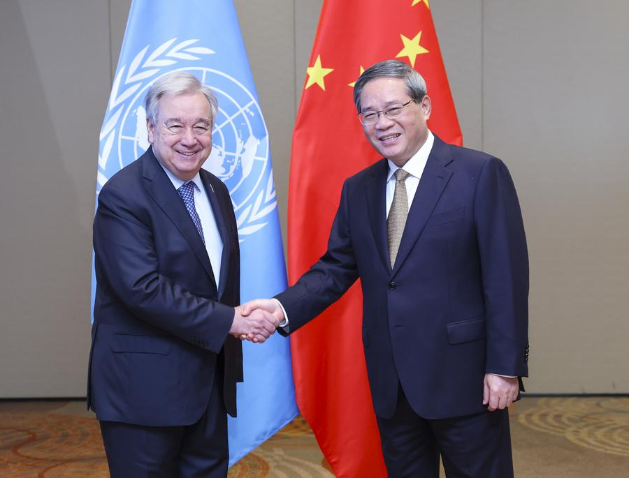 ChinaAmbUN's tweet image. During his meeting with UN Secretary-General @antonioguterres on the sidelines of the 17th #BRICS Summit, Premier Li Qiang said that China stands ready to deepen coordination and cooperation with the United Nations to jointly advocate for a more just and equitable international…