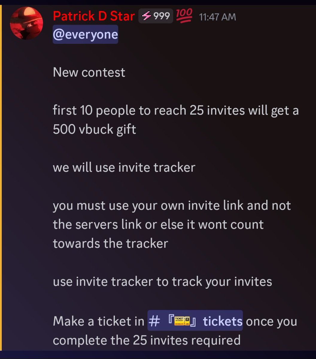 New Giveaway!

The first 10 people to reach 25 invites in my server will get 500 V-Bucks!

Goodluck!

discord.gg/clownscircus