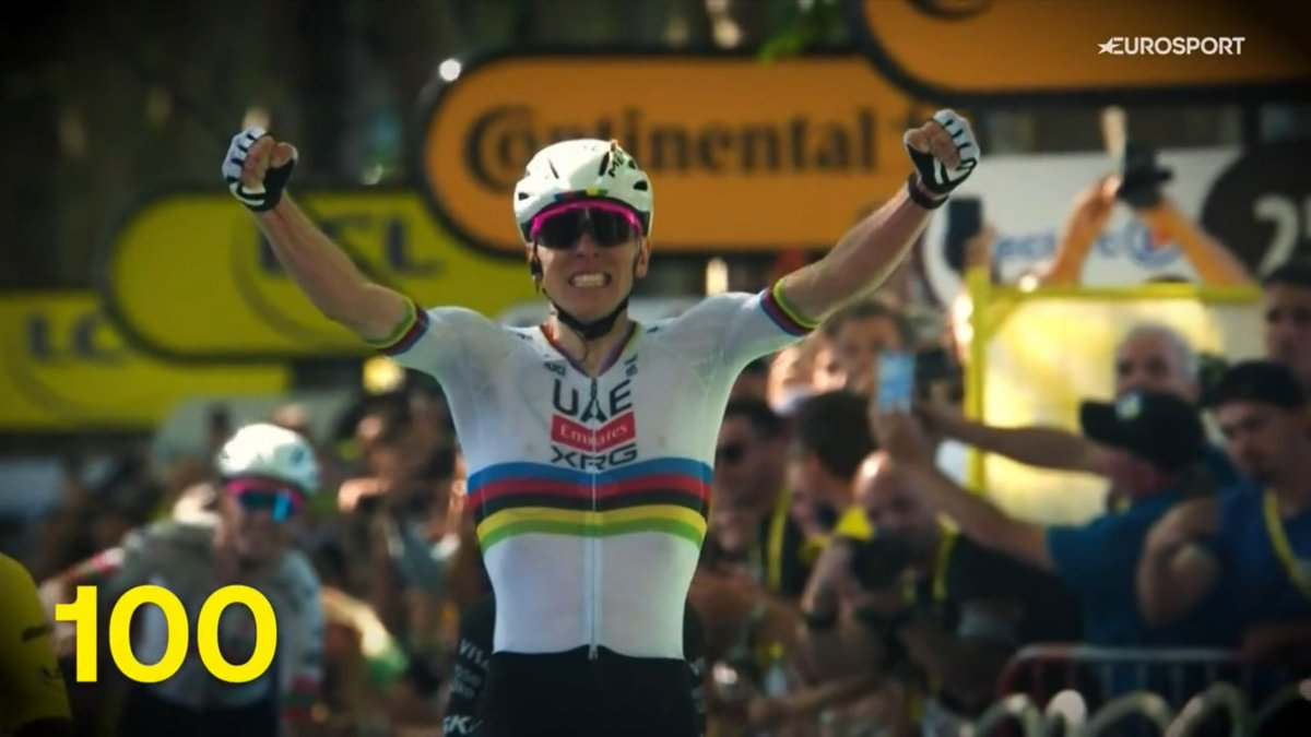 Eurosport showing a clip of Pogi's 100 pro wins. Incredible career already. #TDF2025