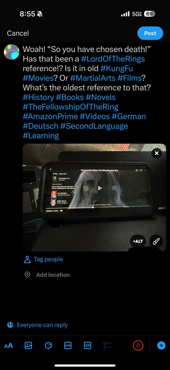 StrayTurtle's tweet photo. Woah! “So you have chosen death!” Has that been a #LordOfTheRings reference!? Is it in old #KungFu #Movies? Or #MartialArts #Films? What’s the oldest reference to that? #History #Books #Novels #TheFellowshipOfTheRing #AmazonPrime #Videos #German #Deutsch #SecondLanguage #Learning https://t.co/lBALXNnTyx