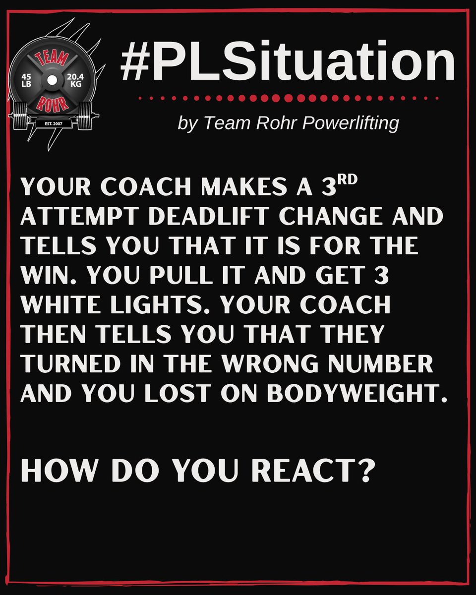 TeamRohr's tweet image. What's your answer to this #PLSituation

Josh and Lara will weigh in during Wednesday's Episode of the @plballadspodcast
⁣⠀
#usapowerlifting #usapl #usaplga #rawpowerlifting #singleply #raw #squat #benchpress #deadlift #squatbenchdeadlift #powerlifting