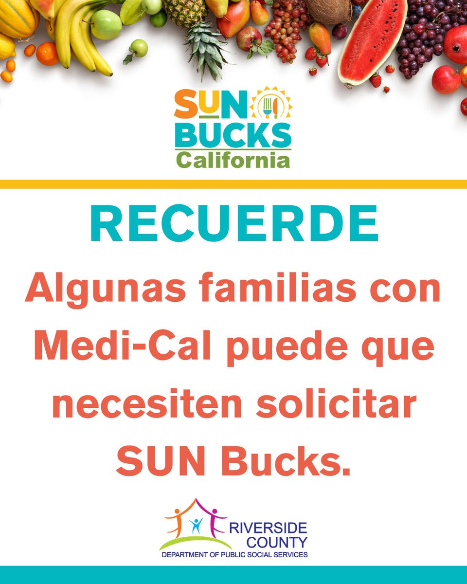 🔔 Some families may need to apply for #SUNBucks!
🔔 ¡Algunas familias deben solicitar SUN Bucks!
If your child gets Medi-Cal via SSI, adoption, or foster care / Si lo recibe por SSI, adopción o crianza, solicite en la escuela antes del 1 de septiembre.
ℹ️ cdss.ca.gov/SUNBucks