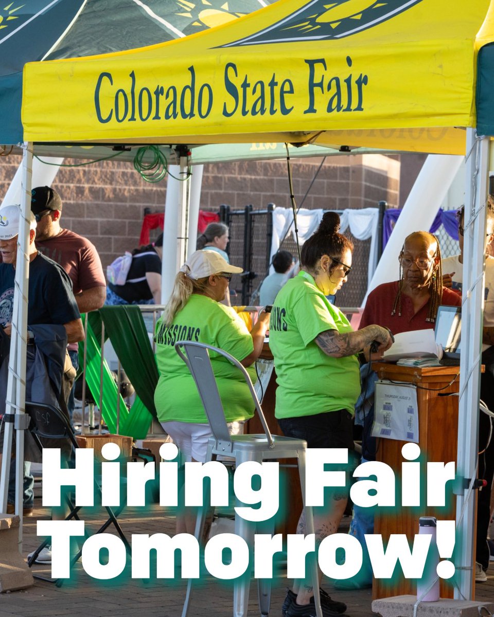 📣 Don’t forget: Our #HiringFair is TOMORROW, July 9!
We’re hiring across multiple departments for this year’s #ColoradoStateFair!
📍 Agriculture Palace (Upper Mezzanine) | ⏰ 11am-3pm 
Bring your resume and be ready to meet with hiring managers!
#GrowingTheTradition