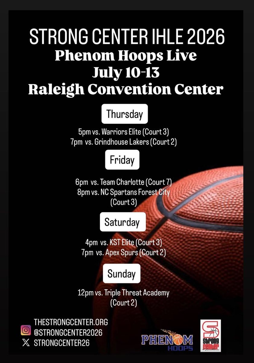 Last chance of the travel season for college coaches to evaluate our guys! <a href="/StrongCenter4Ex/">The Strong Center (Official page)</a> <a href="/Phenom_Hoops/">Phenom Hoop Report</a> <a href="/PhenomExposure/">Phenom_Exposure</a> <a href="/colbylewis20/">Colby Lewis</a> <a href="/Coach_Rick57/">Rick Lewis</a> <a href="/ty1ewis/">Tyler Lewis</a> <a href="/JeffreyBendel_/">Jeff Bendel</a>