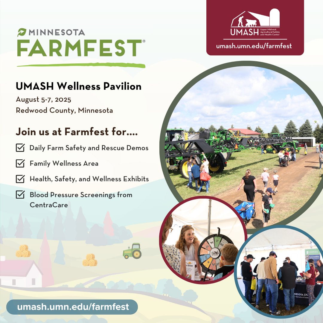 Mark your calendars and make plans to visit the Wellness Pavilion at Minnesota Farmfest from August 5- 7 📅 Join us for live demos, ag health and safety exhibitors, health screenings, hands-on activities, and so much more! umash.umn.edu/minnesota-farm…