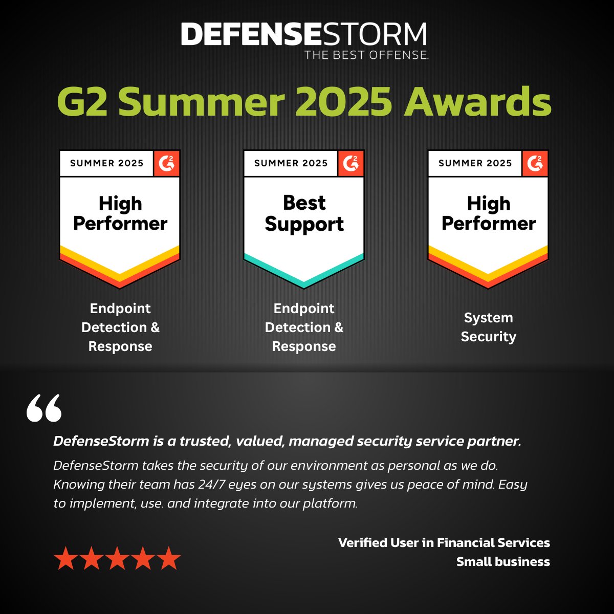 DefenseStorm's tweet image. DefenseStorm has once again earned top recognition from G2

Summer 2025 Awards:
• High Performer – EDR
• Best Support – EDR
• High Performer – System Security

See what others are saying: g2.com/products/defen…
#SmallBusinessSecurity #FinancialServices #CyberRisk  #G2Awards