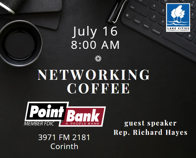 LakeCchamber's tweet photo. Next week's coffee will be hosted by @myPointBank in Corinth with guest speaker @RichardHayes_ 
#lakecitieschamber #networking https://t.co/FX3CPQXfOs